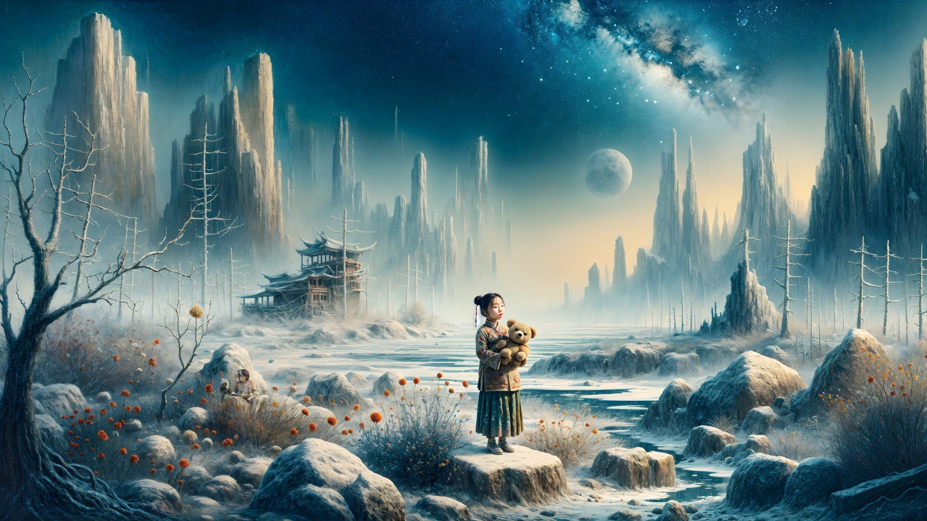 Young girl in surreal landscape with stuffed animal