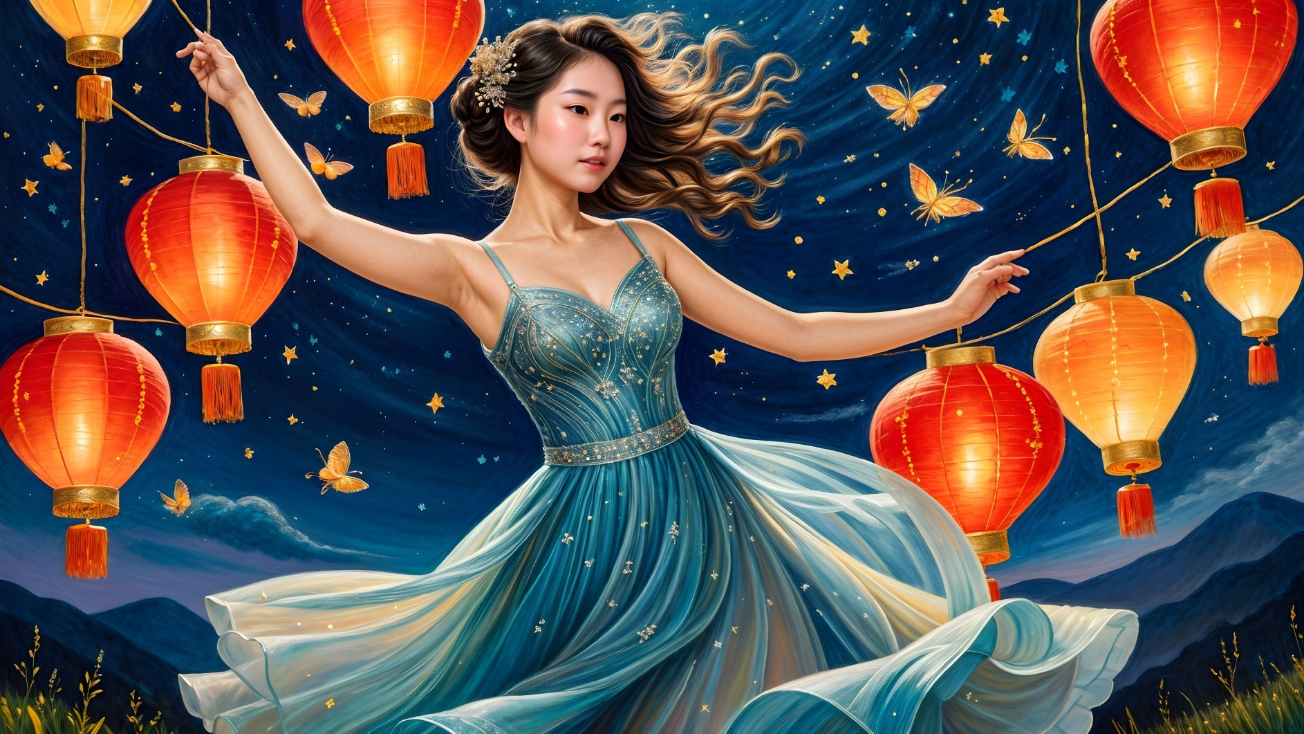 Graceful figure in blue gown among red lanterns