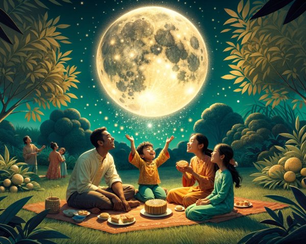 Family Gathering Under a Full Moon with Fireflies