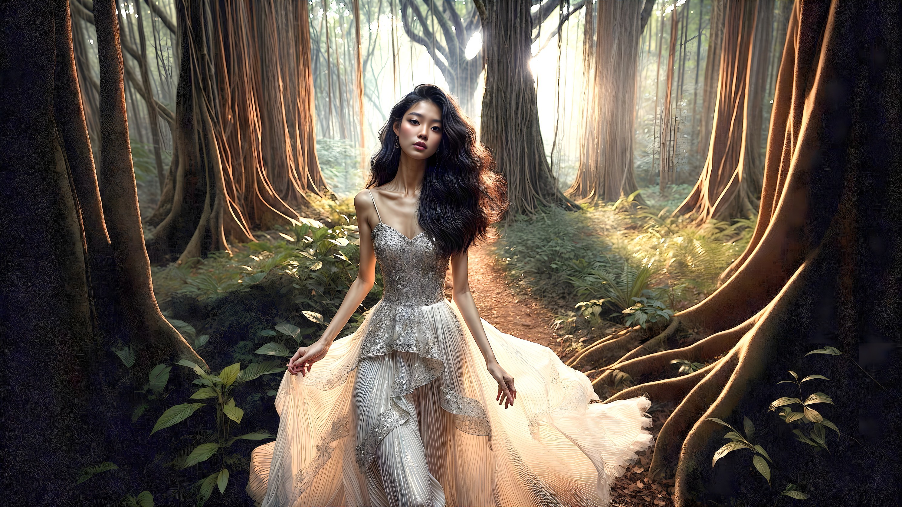 Mystical Forest Scene with Graceful Woman in Gown