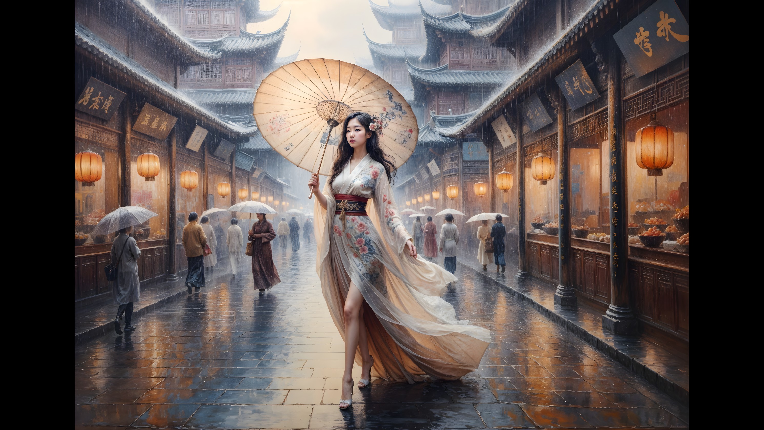 Serene East Asian Town Scene with Lanterns and Umbrellas