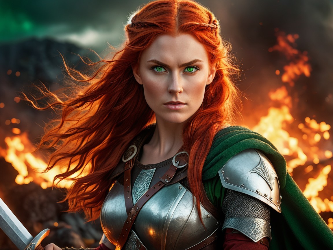 Fierce Warrior Woman in Fiery Landscape with Armor