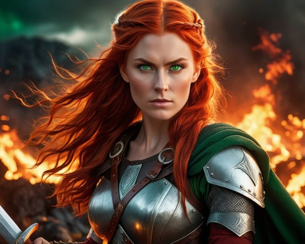Fierce Warrior Woman in Fiery Landscape with Armor