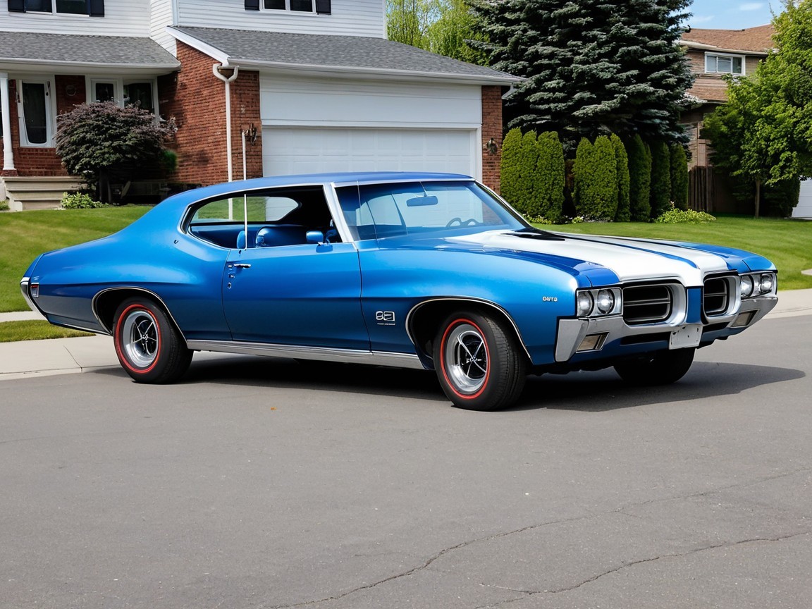 Vintage Blue Muscle Car on Residential Street