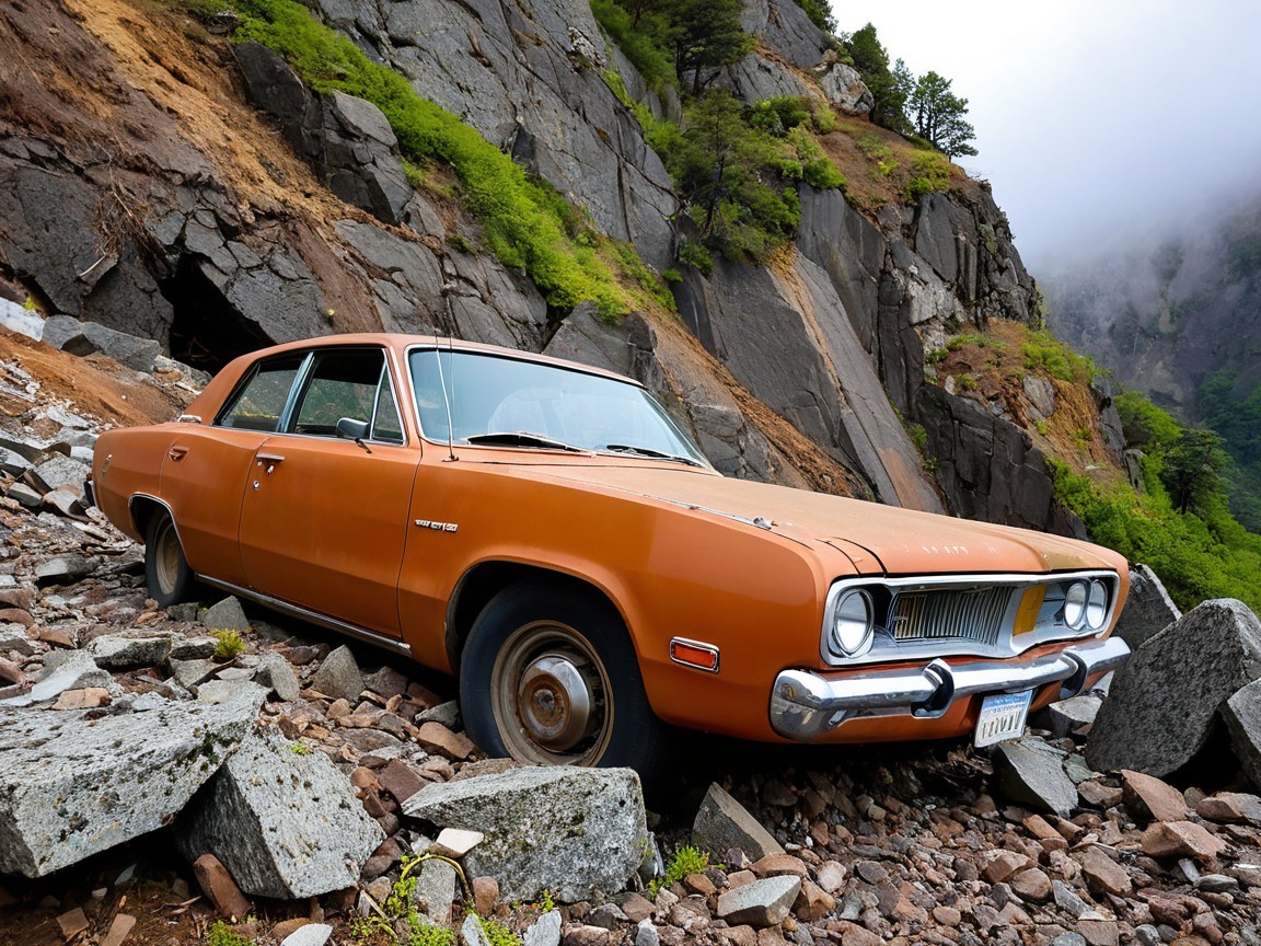 Abandoned Orange Plymouth Duster on Rocky Mountain Slope