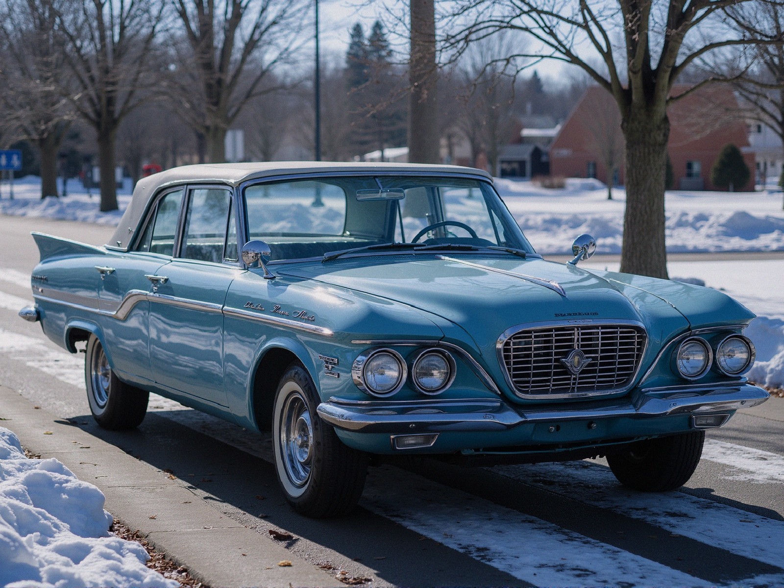 Periwinkle Turquoise Vintage Car on Snowy Road