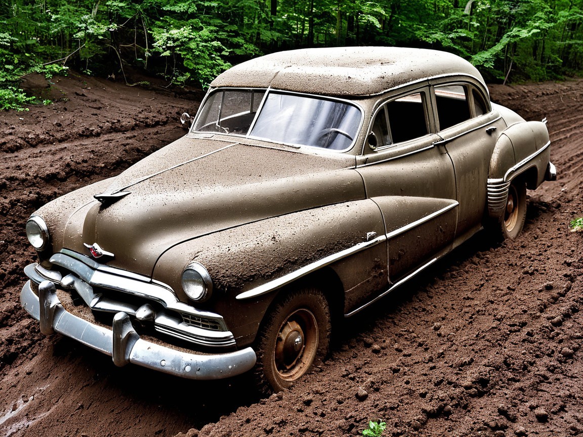 Vintage Car Partially Buried in Lush Greenery