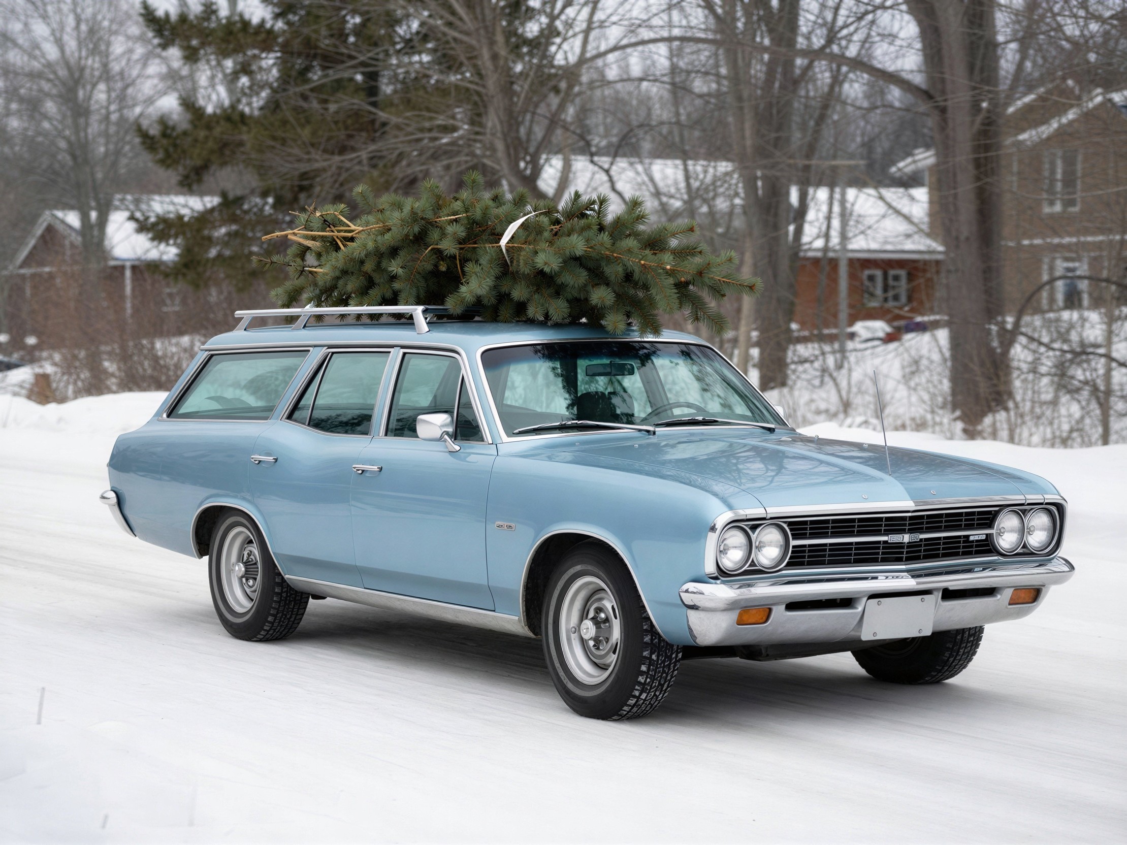 Light Blue 1960s Chevrolet Chevelle with Christmas Tree