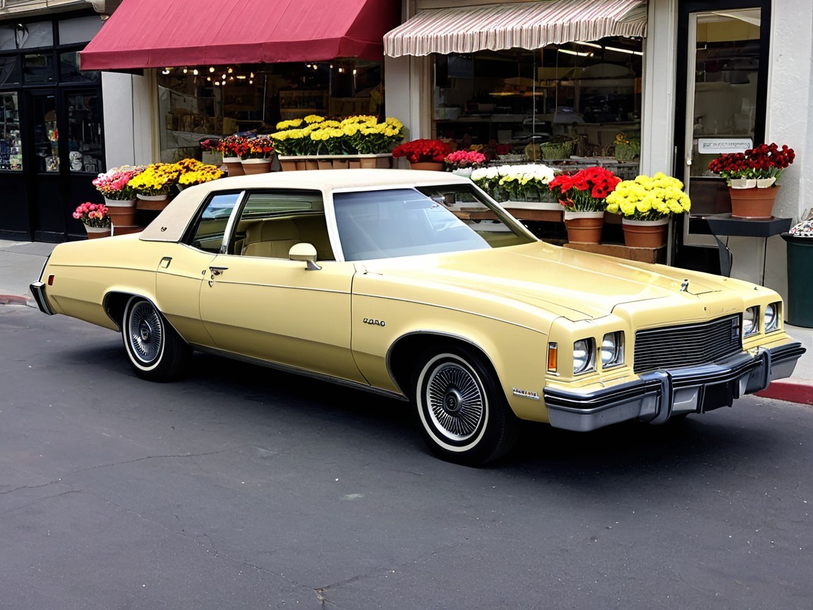 Vintage Yellow Car Parked by Charming Flower Shop