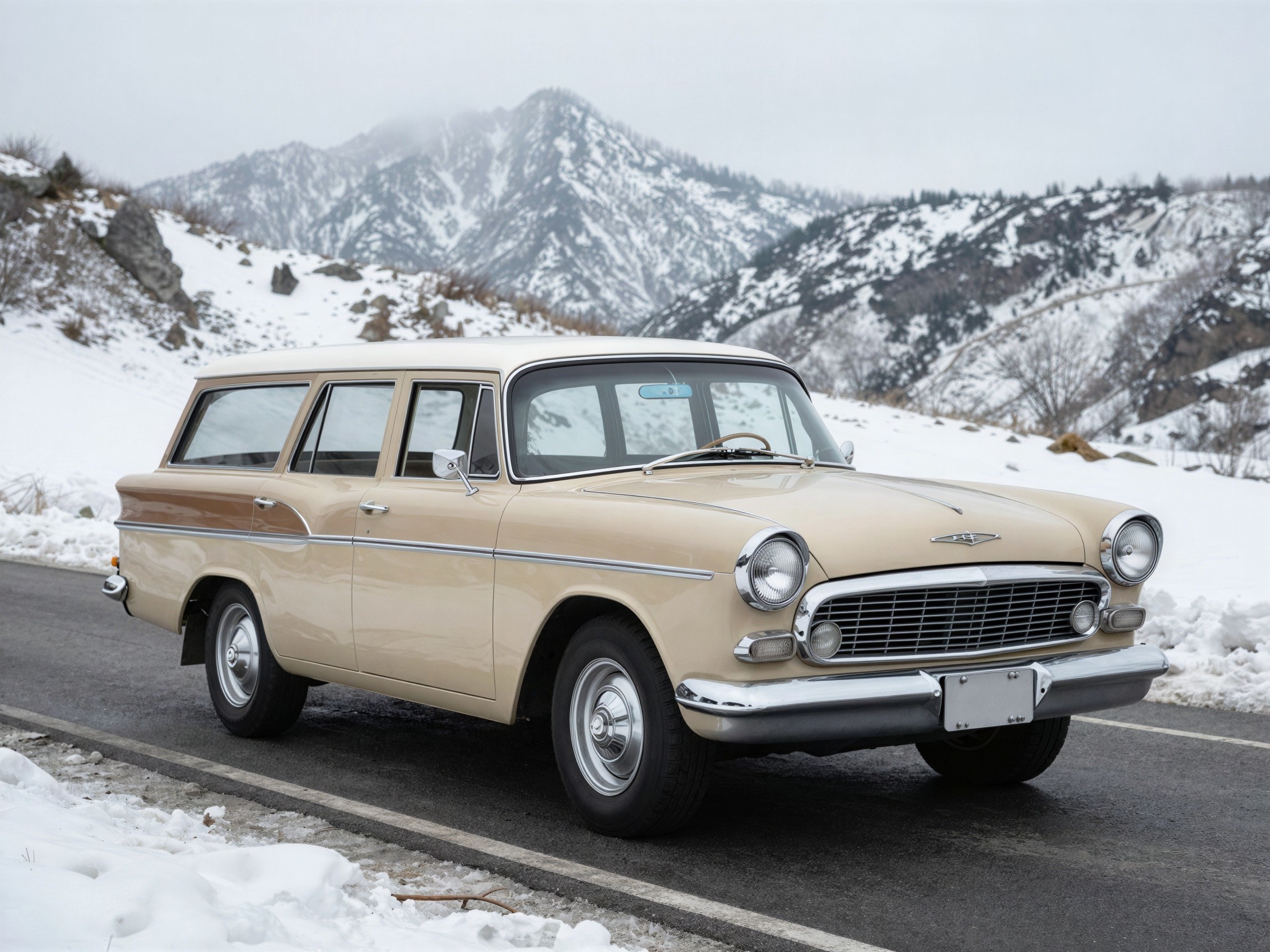 Vintage Five-Door Station Wagon on Wet Paved Road