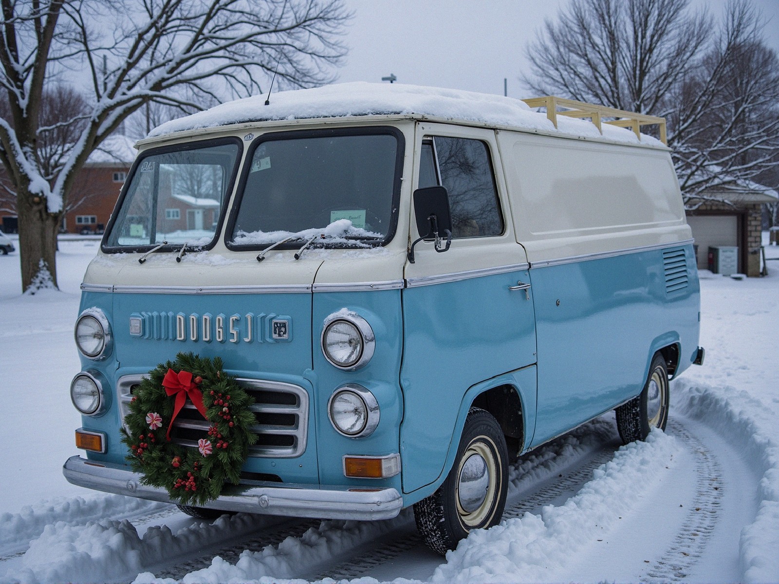 Vintage Dodge A100 Van in Snowy Winter Scene