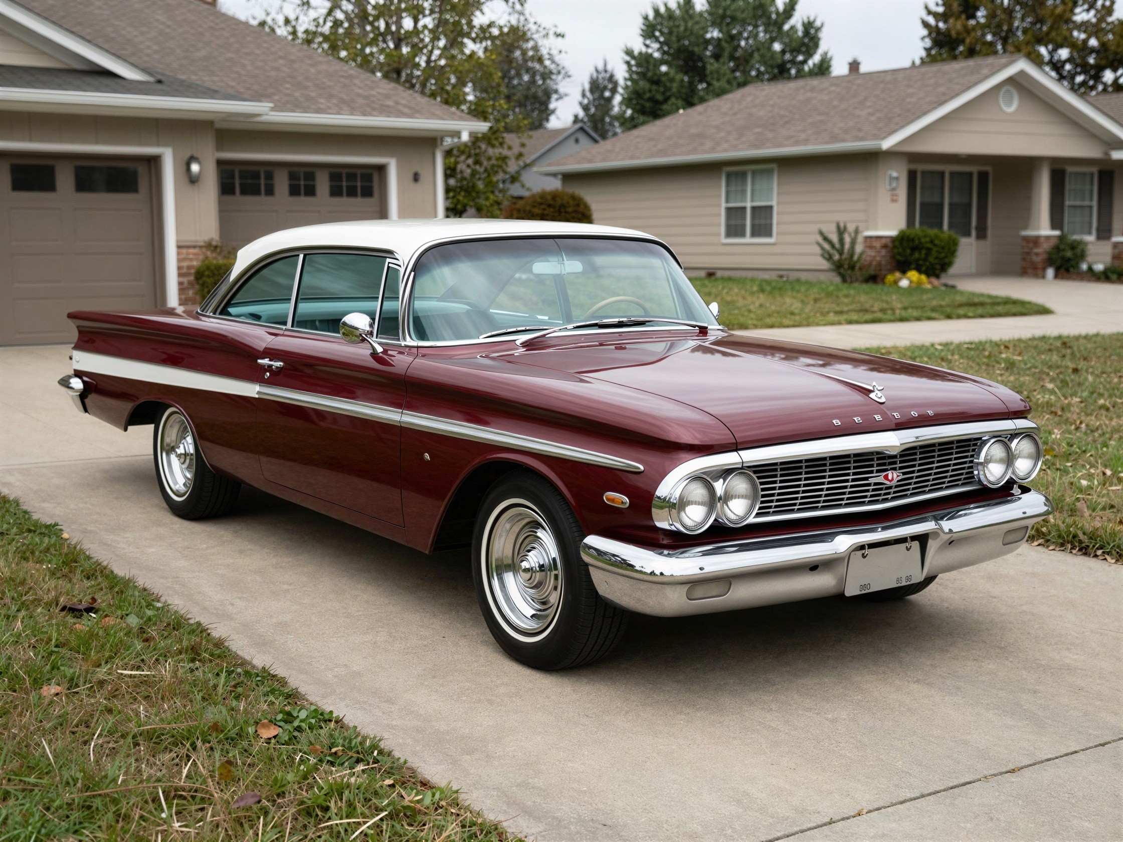 1960s Maroon American Muscle Car in Suburban Driveway