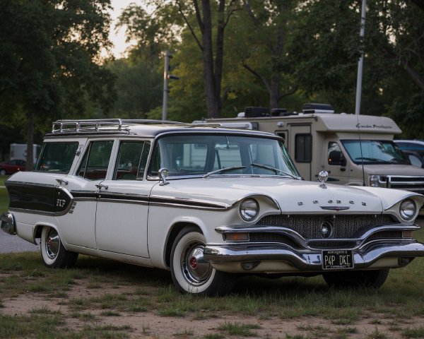 Antique Dodge Station Wagon on Dirt Lot at Dusk
