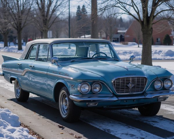 Periwinkle Turquoise Vintage Car on Snowy Road