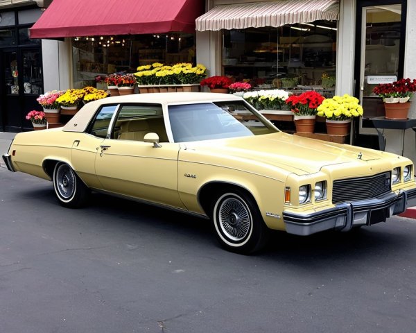 Vintage Yellow Car Parked by Charming Flower Shop