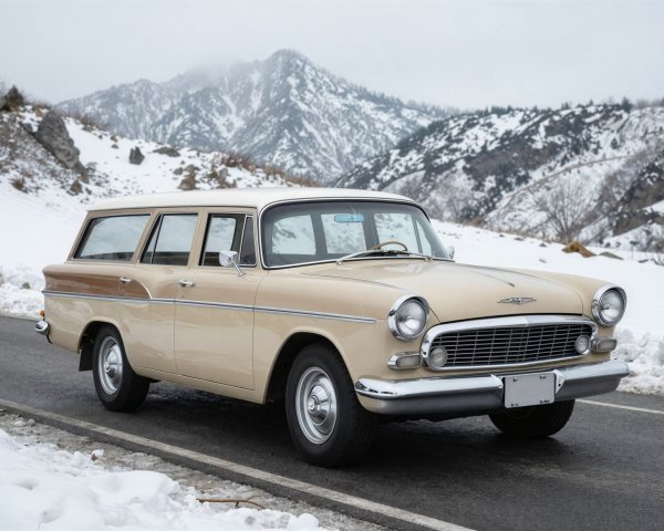 Vintage Five-Door Station Wagon on Wet Paved Road
