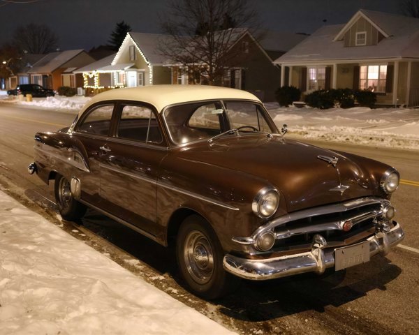 Vintage Brown Car on Snowy Street at Night