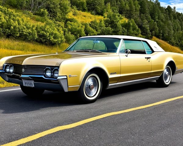 Gold Classic American Car Parked by Roadside