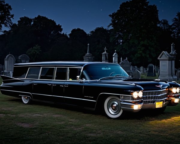 1960s Cadillac Hearse in Graveyard at Night