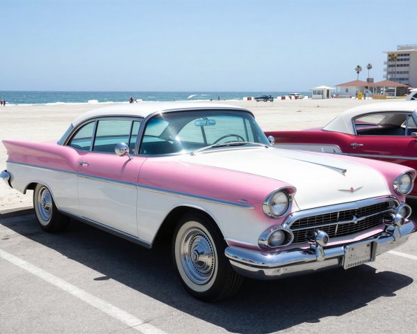 Classic Pink and White Car by Sandy Beach and Ocean
