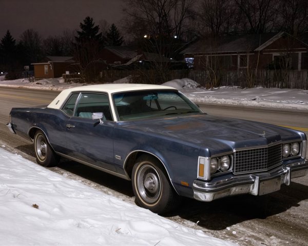 Classic Blue and White Car Parked on Snowy Street