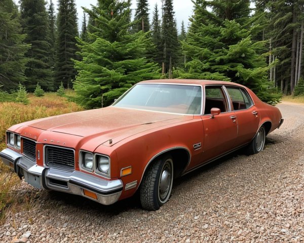 Rust-colored vintage car on gravel road with pine trees
