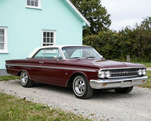 Vintage Two-Door Hardtop Car on Gravel Driveway