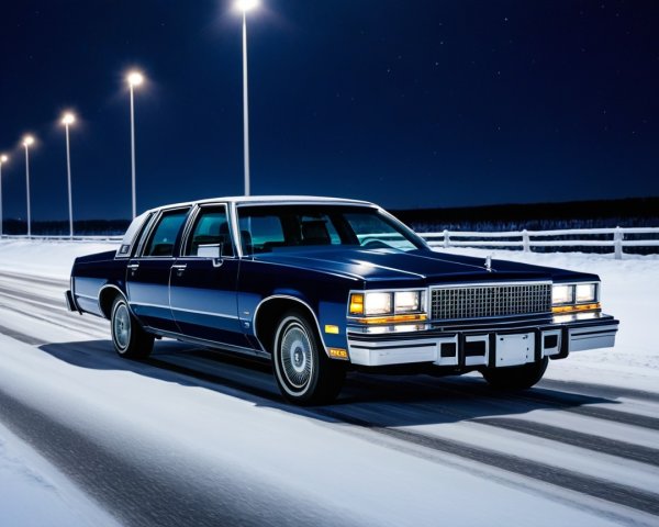 Vintage Dark Blue Sedan on Snowy Night Road