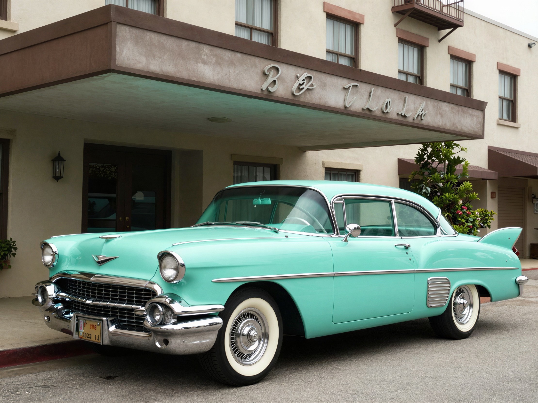 Teal 1950s Cadillac DeVille Parked by Beige Building