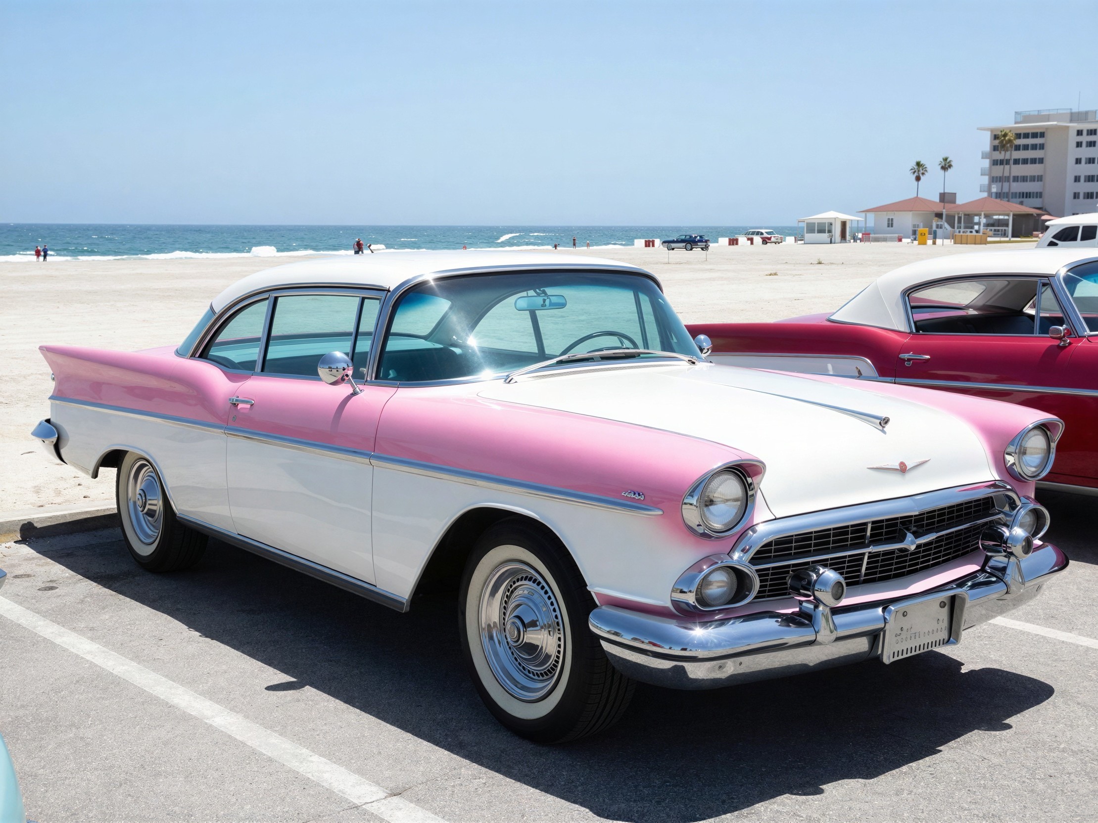 Classic Pink and White Car by Sandy Beach and Ocean