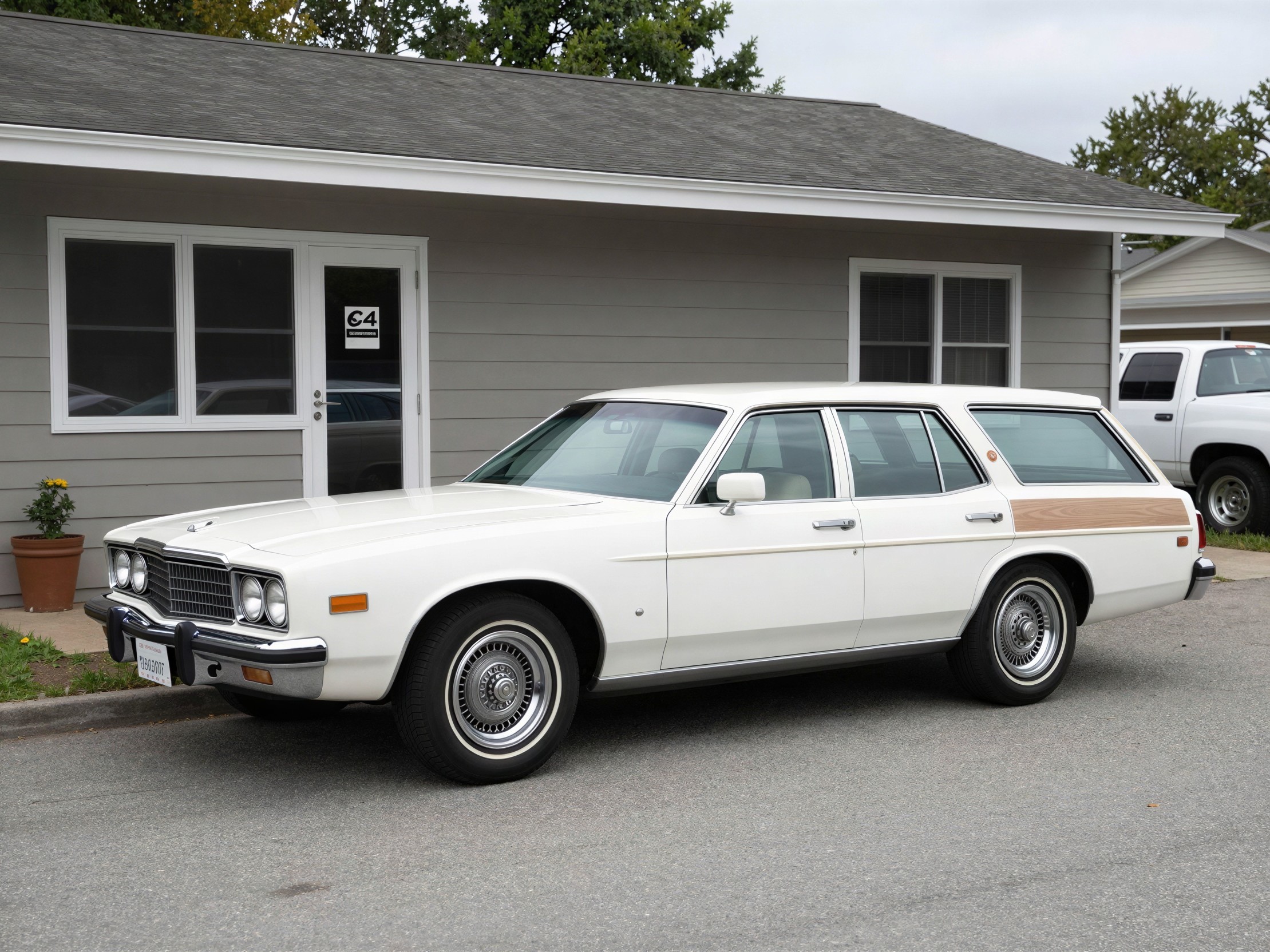 Vintage white station wagon with wood paneling parked