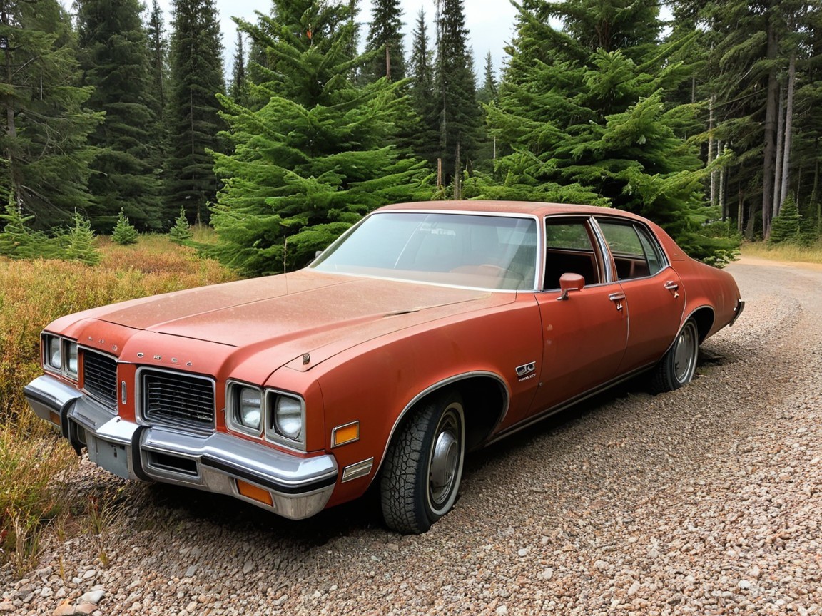 Rust-colored vintage car on gravel road with pine trees