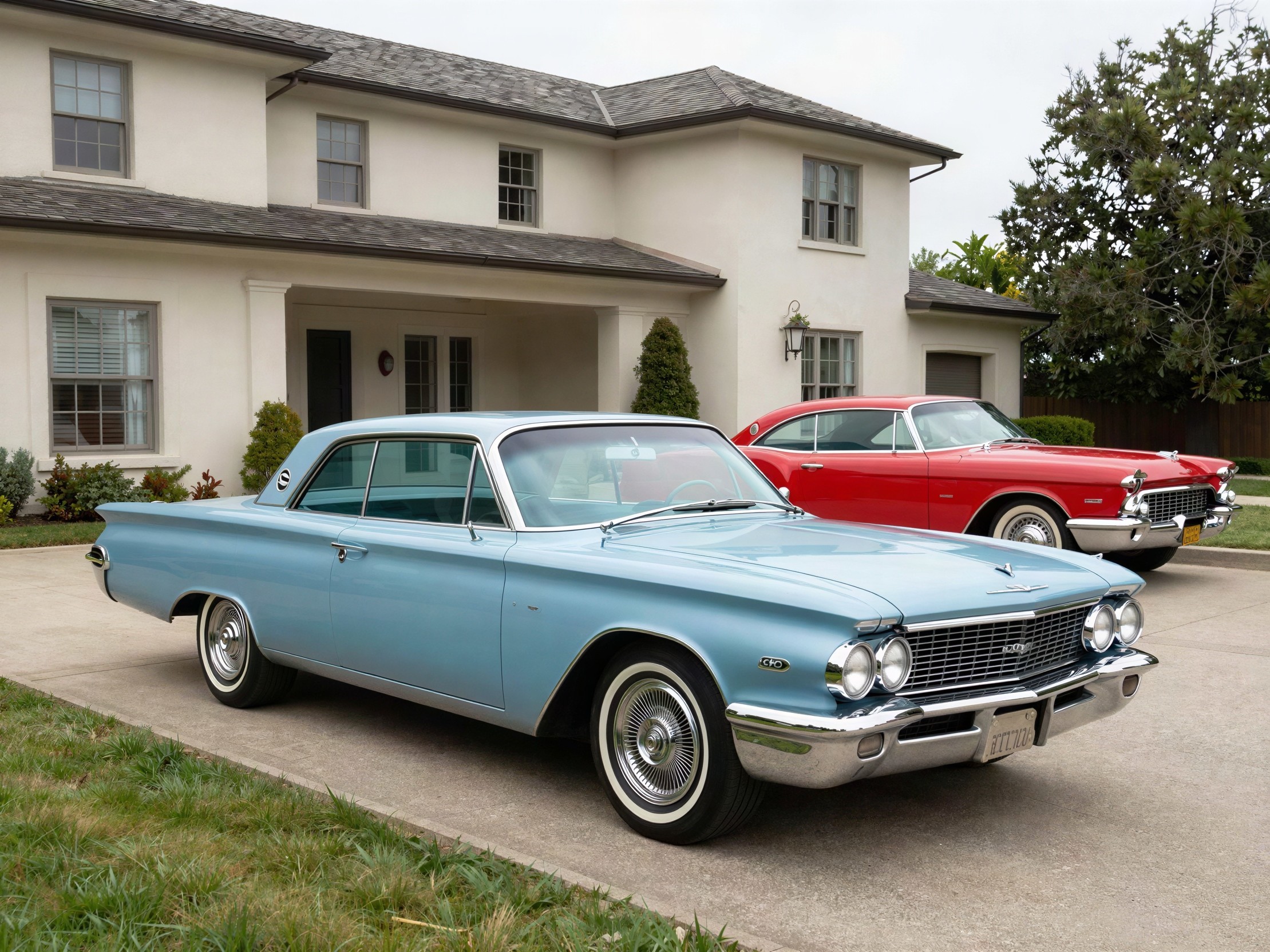 Classic Cars Parked in Front of Light-Colored House