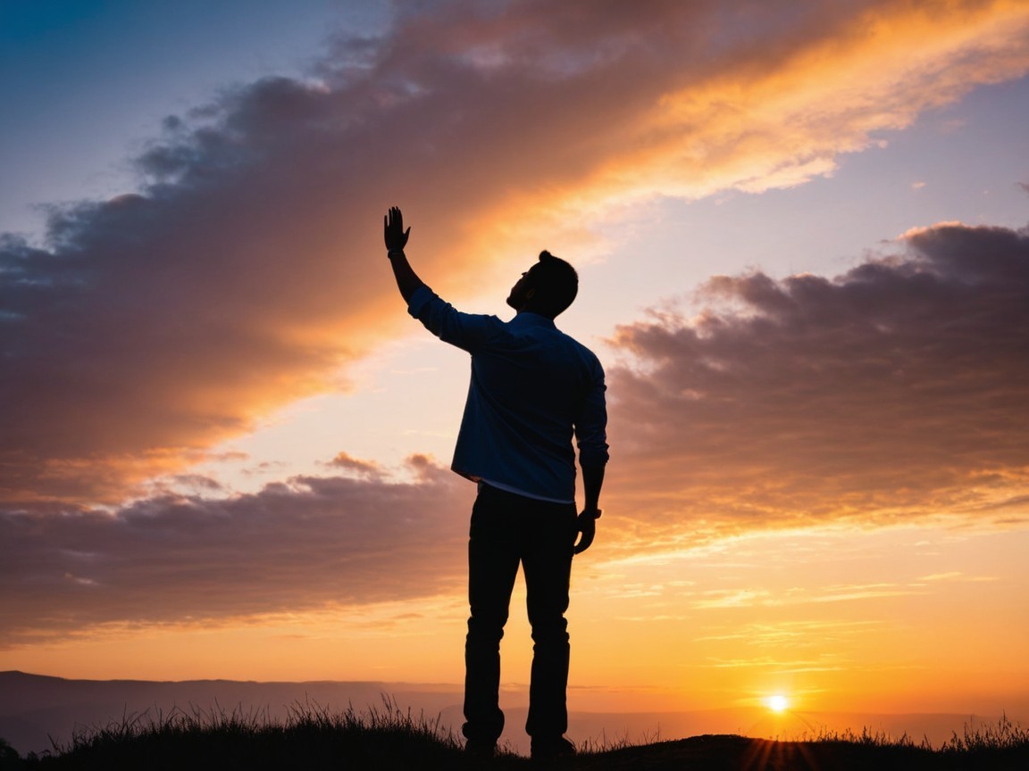 Silhouette of a man on a hill at sunset