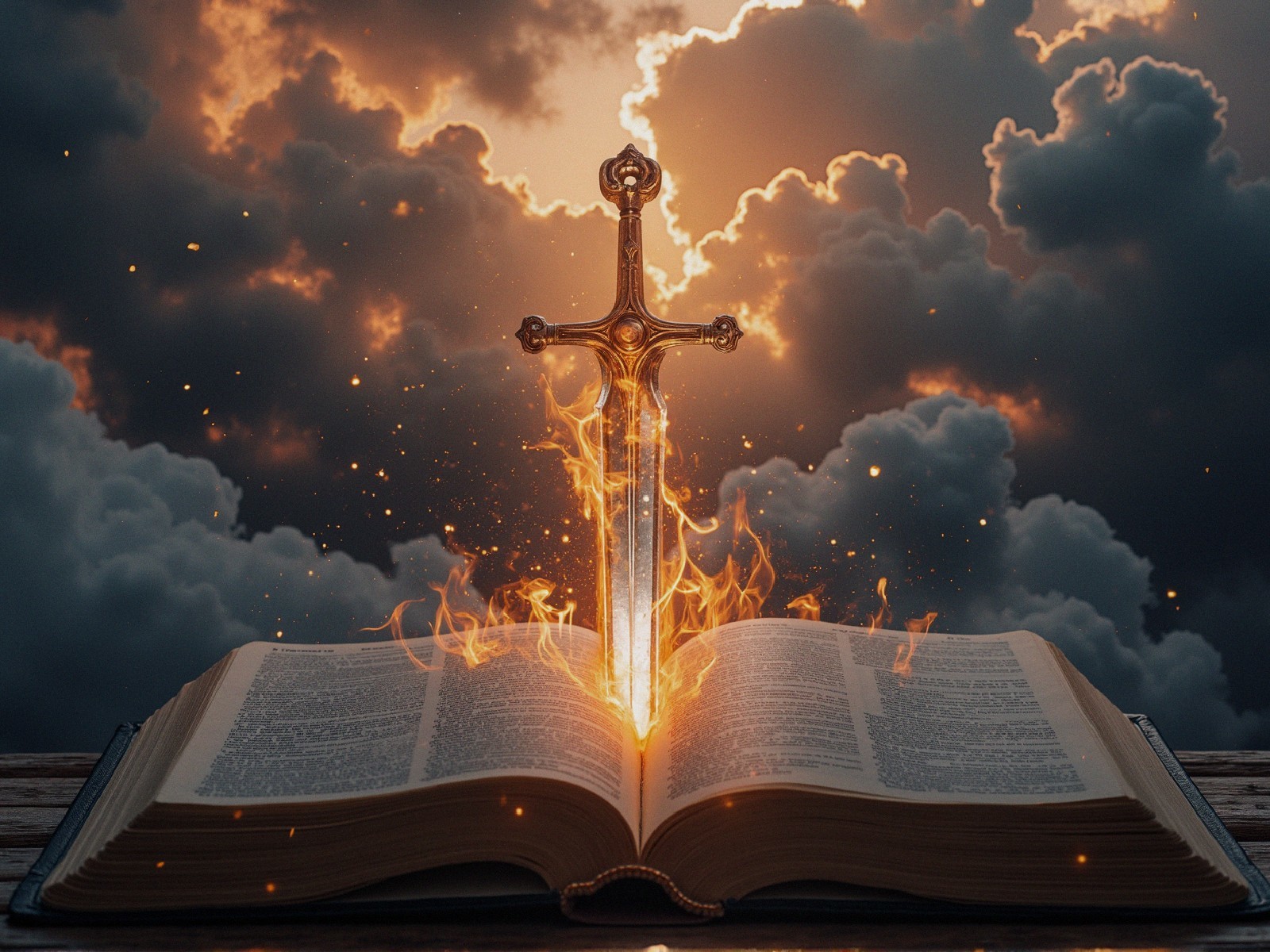 Ornate Sword in Open Book with Ethereal Flames