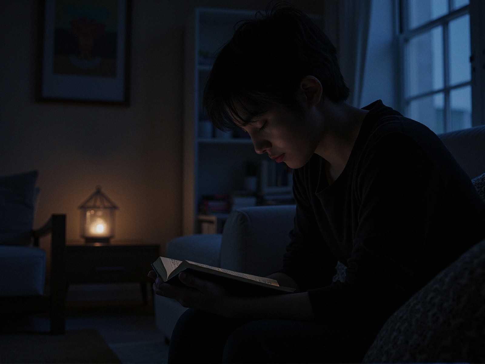 Young person reading in a dimly lit room with lantern