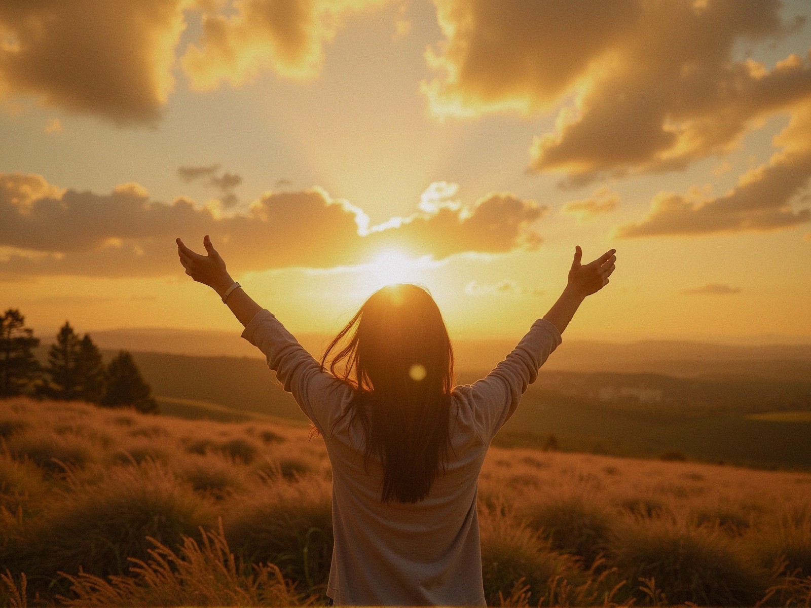 Silhouette of Woman on Grassy Hillside at Sunset