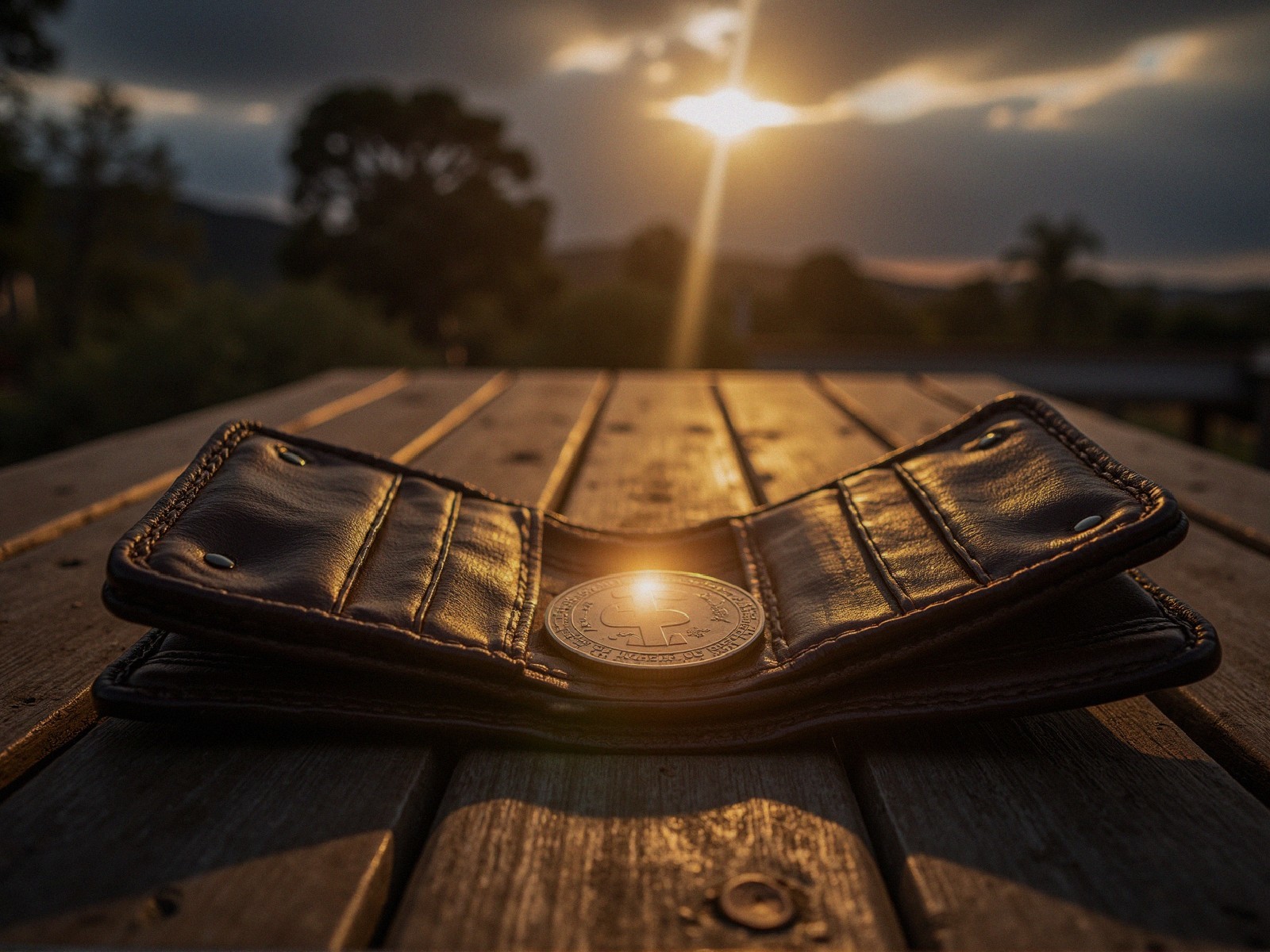 Brown leather wallet open on wooden surface with sunlight