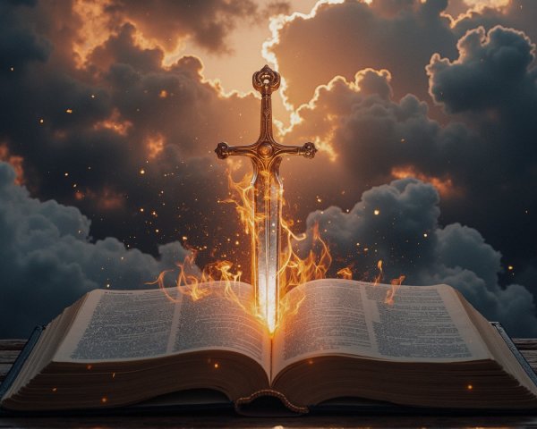 Ornate Sword in Open Book with Ethereal Flames