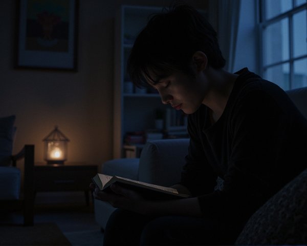 Young person reading in a dimly lit room with lantern