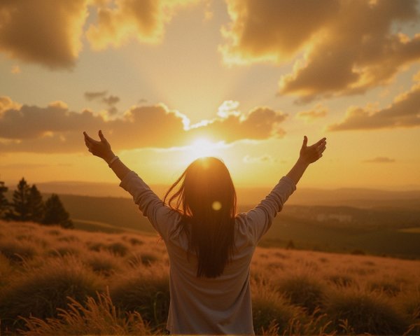 Silhouette of Woman on Grassy Hillside at Sunset