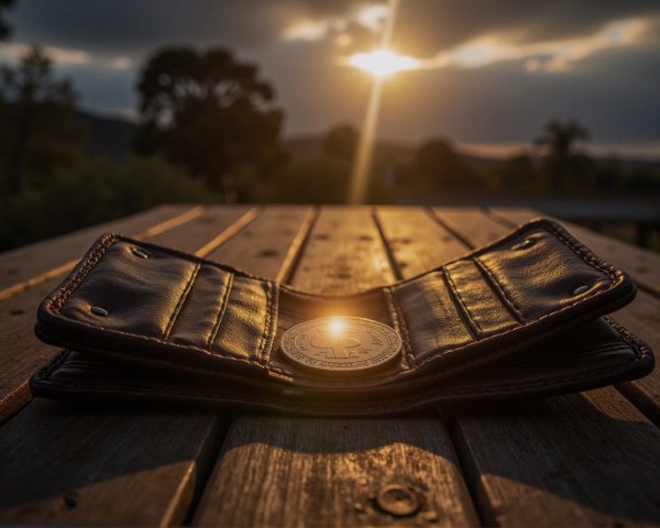 Brown leather wallet open on wooden surface with sunlight