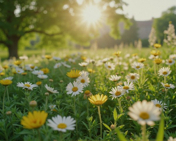 Vibrant Daisies Bloom Under Sunset in Serene Landscape