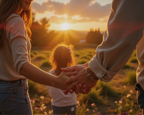 Family Bonding at Sunset in a Serene Landscape