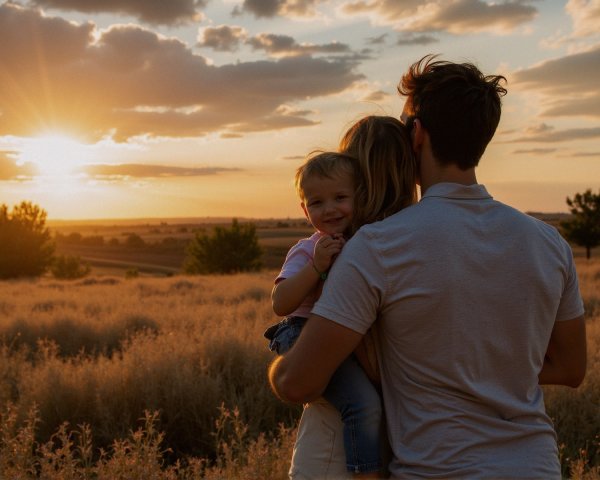 Parent and child enjoy a sunset in a grassy landscape