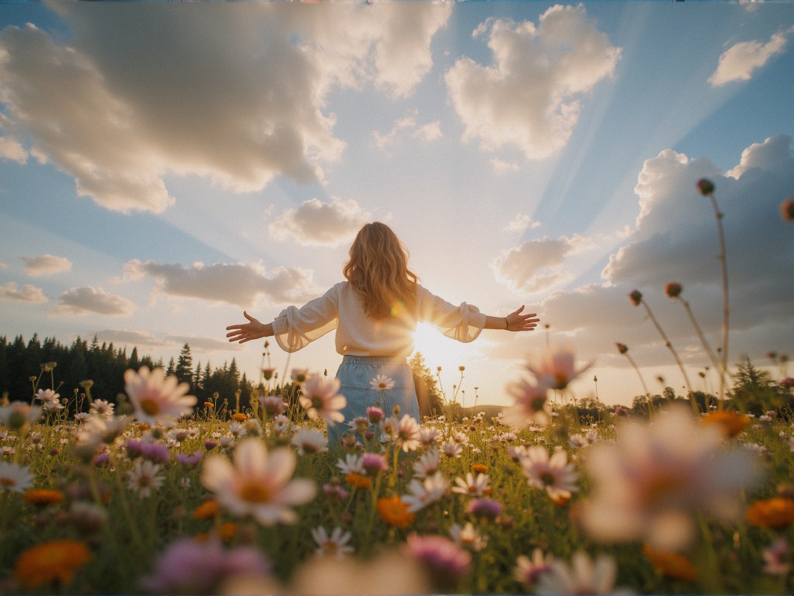 Woman in Wildflower Field at Sunset