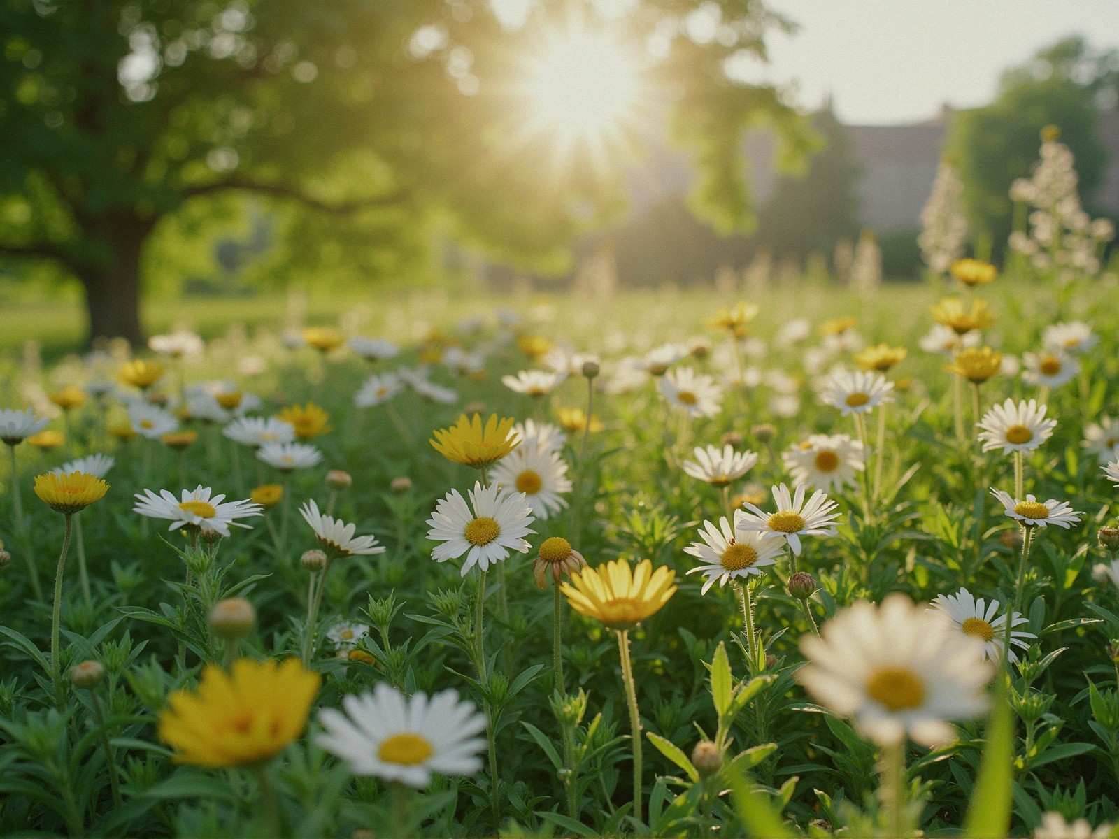 Vibrant Daisies Bloom Under Sunset in Serene Landscape