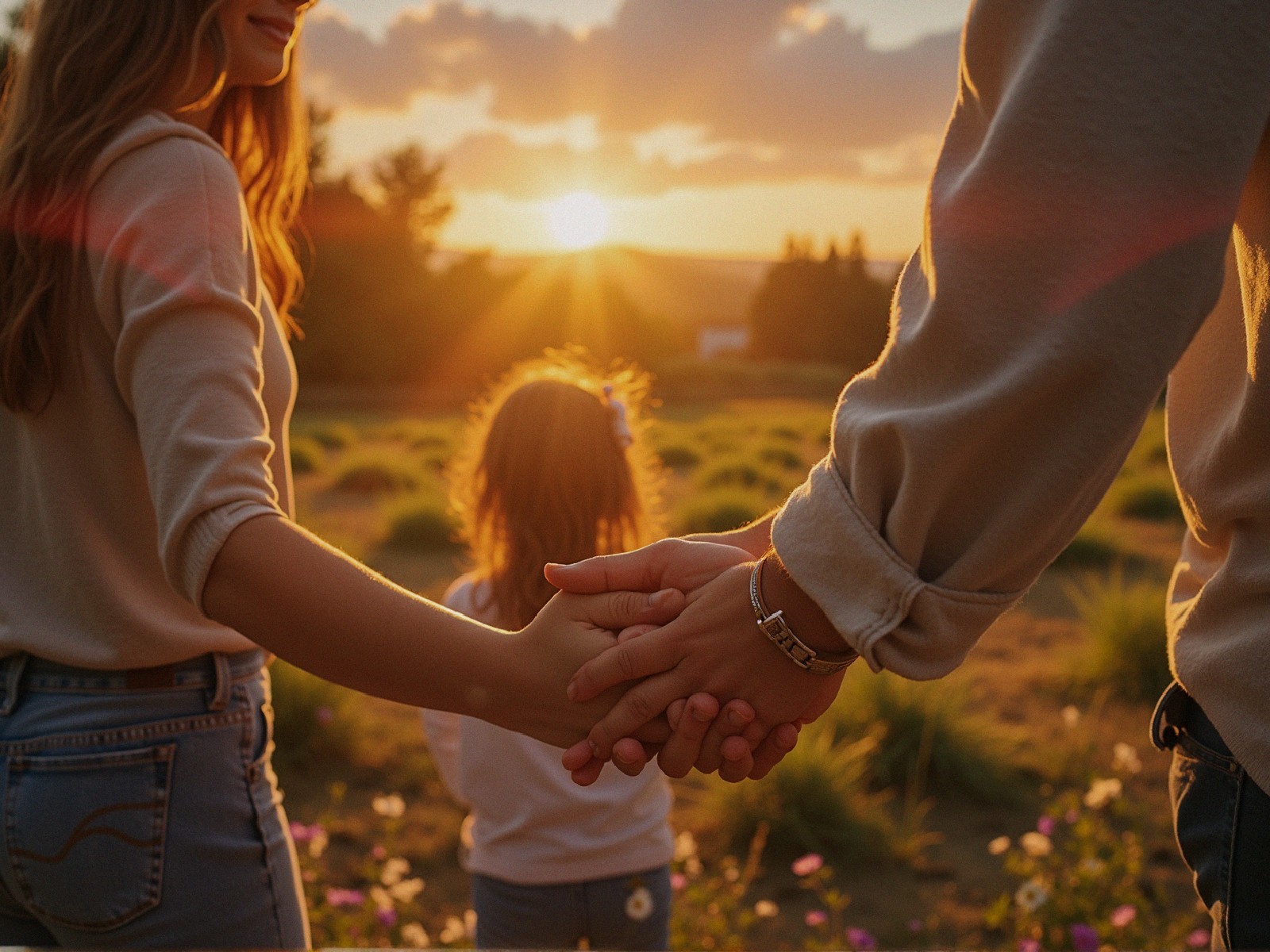 Family Bonding at Sunset in a Serene Landscape