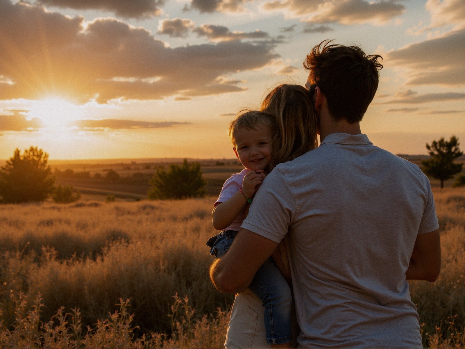 Parent and child enjoy a sunset in a grassy landscape
