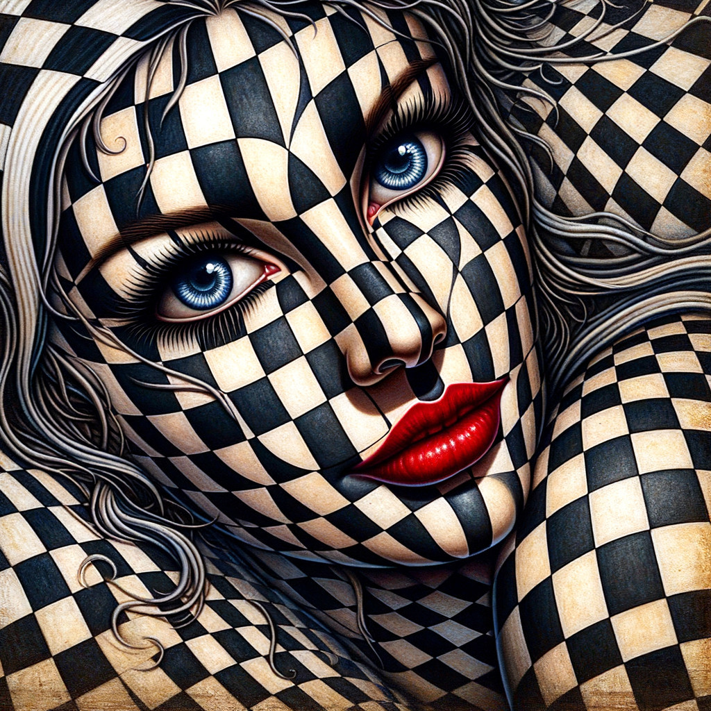 Checkerboard Pattern Figure with Blue Eyes and Red Lips